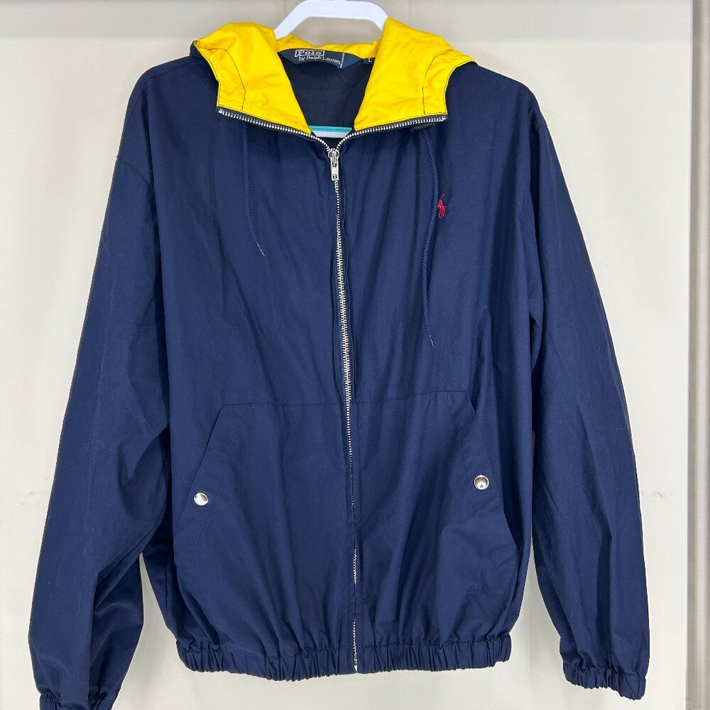 VTG Polo Ralph Lauren Full Zip Jacket Navy Blue Yellow Hood Red Pony Men's L  Dr